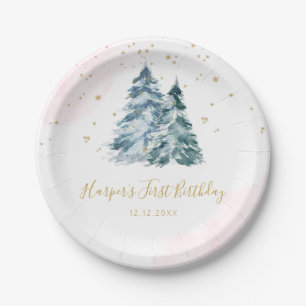 Assiettes En Carton Hiver Onederland Pins neigeux Rose