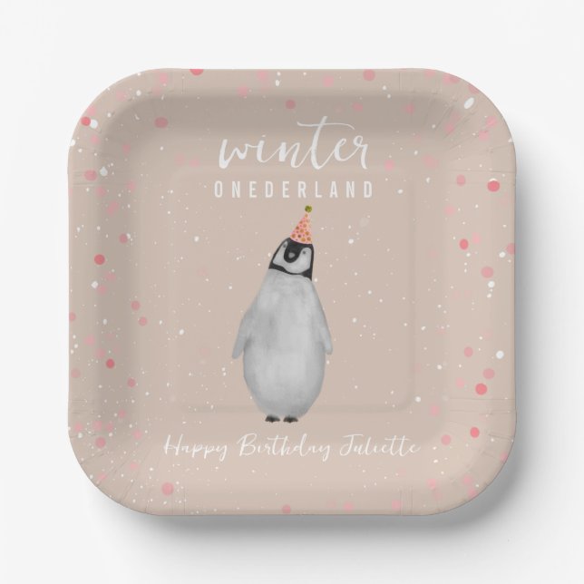 Assiettes En Carton Hiver Onederland rose Anniversaire Penguin Anniver (Recto)
