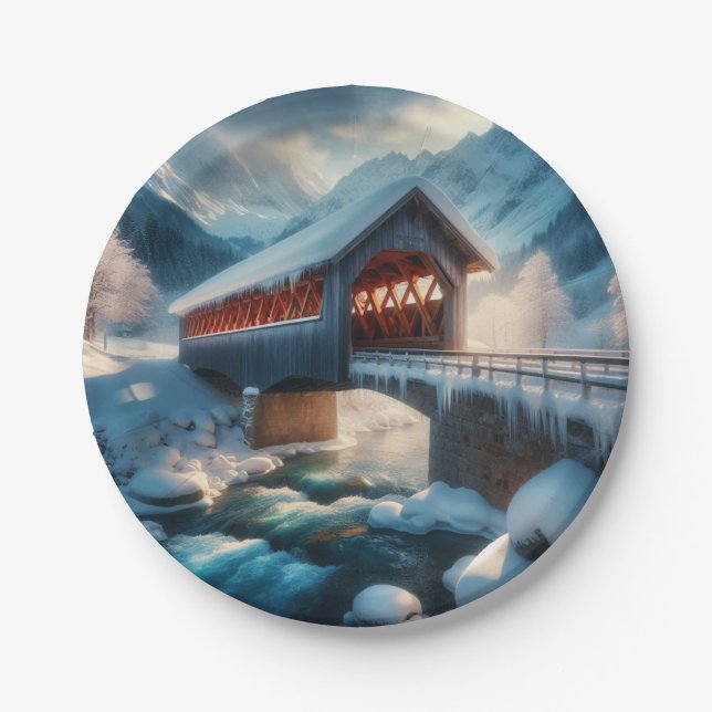 Assiettes En Carton Hiver, pont enneigé et rivière (Devant)