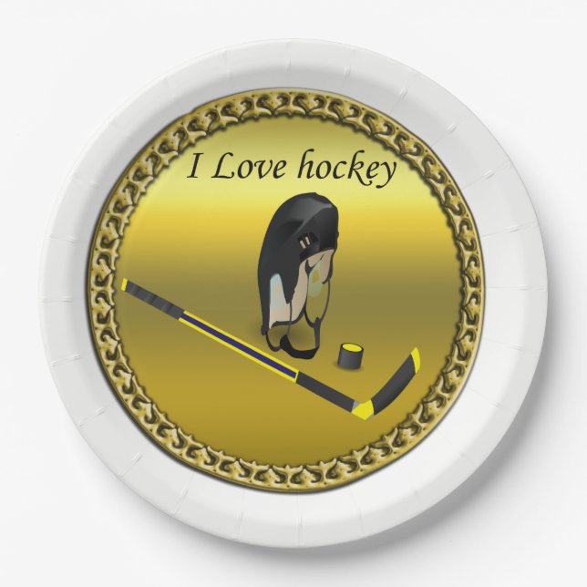 Assiettes En Carton Hockey I Love design personnalisé avec bâton et ca (Devant)