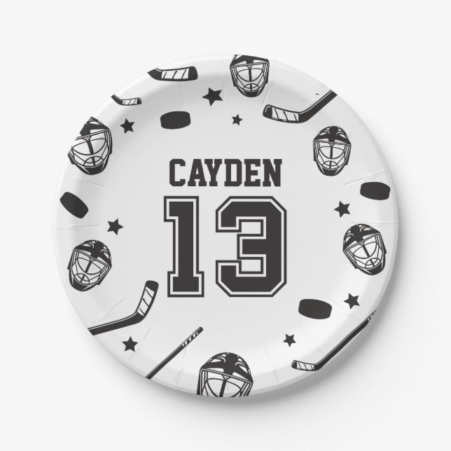 Assiettes En Carton Hockey noir et blanc 13e anniversaire (Devant)