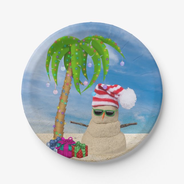 Assiettes En Carton Holiday Beach Sand Man avec palmier (Devant)