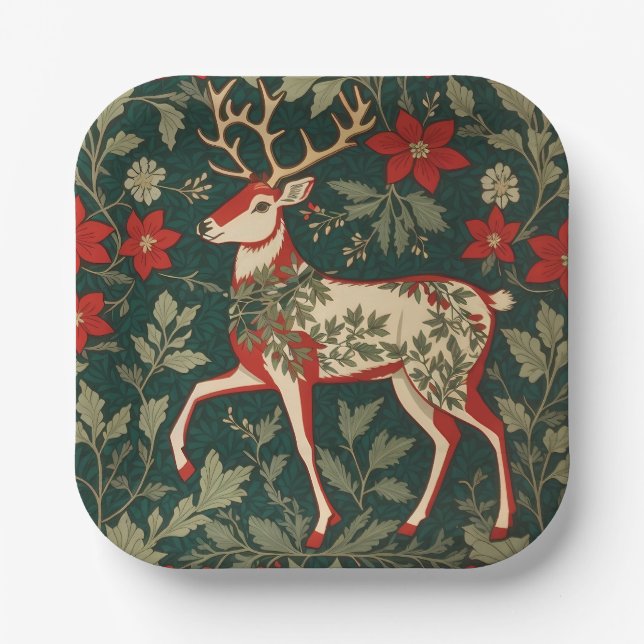 Assiettes En Carton Holiday Cheer Reindeer William Morris Inspired (Recto)