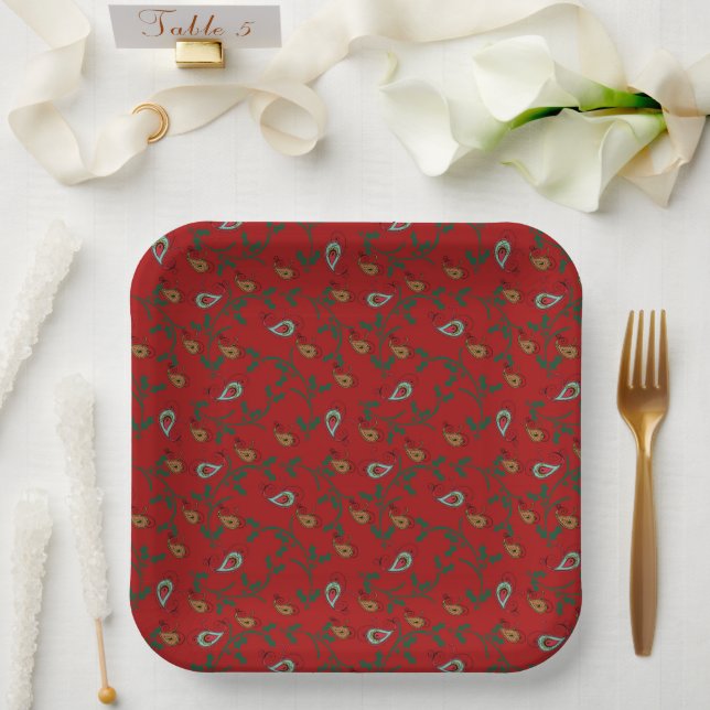 Assiettes En Carton Holly et Paisley Holiday Red (Mariage)