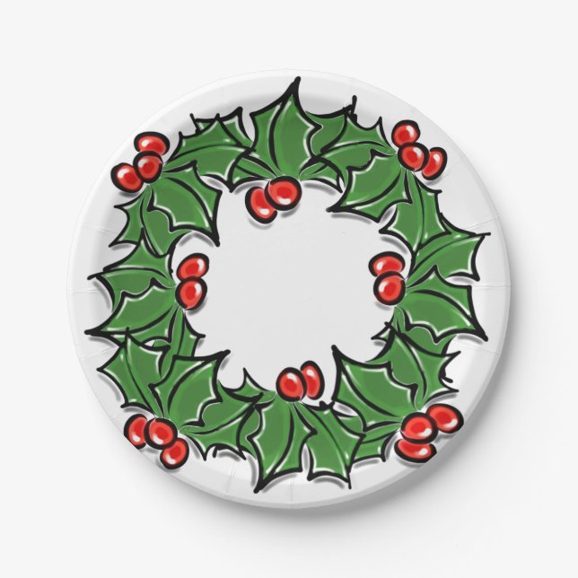 Assiettes En Carton Holly Feuilles, Holly Berries, couronne de Noël (Devant)