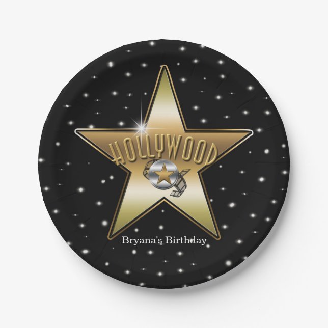 Assiettes En Carton Hollywood Gold Star Black Anniversaire Party (Devant)