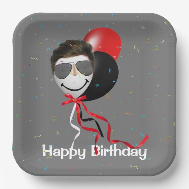 Assiettes En Carton Homme de fête d'anniversaire sur ballon (Recto)