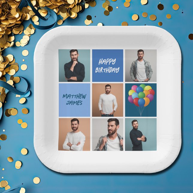 Assiettes En Carton Hommes Photo Collage personnalisé bleu fête d'anni (Créateur téléchargé)