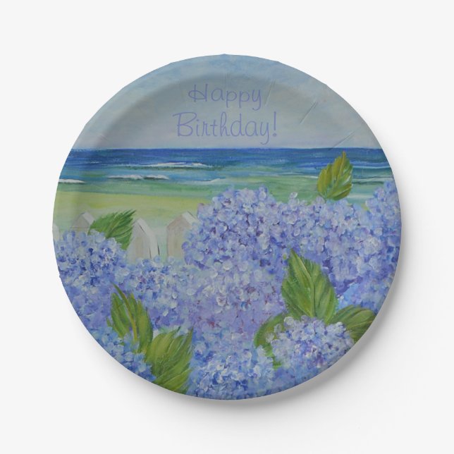 Assiettes En Carton Hortensias de joyeux anniversaire par la mer (Devant)