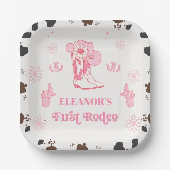 Assiettes En Carton Hot Rose Girls Premier Rodéo 1er Anniversaire (Recto)