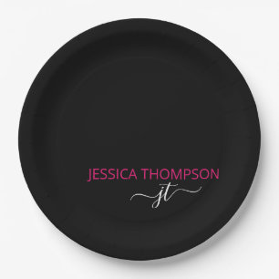 Assiettes En Carton Hot rose Modern Black Simple Script Monogramme Nom
