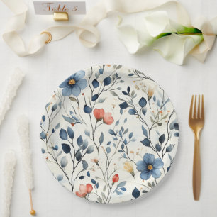 Assiettes En Carton Hôtesse Jardin Fête Bleu Floral Aquarelle