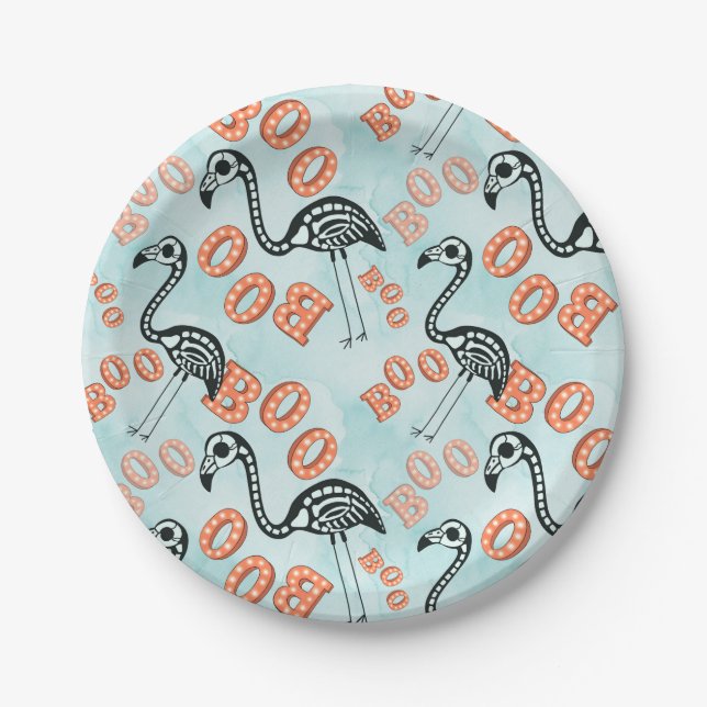 Assiettes En Carton Huez le squelette de Flamant rose de Halloween | (Devant)