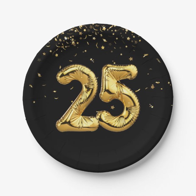 Assiettes En Carton Huile D'Or 25 Ballons Et Plaque De Papier Confetti (Devant)