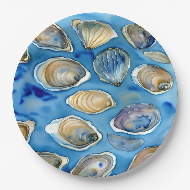 Assiettes En Carton Huîtres Clams Coquillages Aquarelle Bleu (Devant)