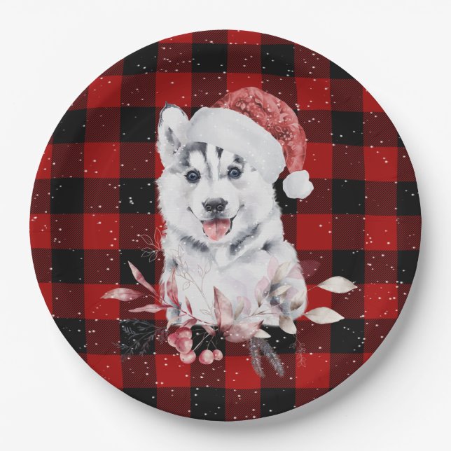 Assiettes En Carton Husky Noël Sur Plaque De Papier Plaid Buffalo (Devant)