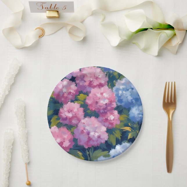 Assiettes En Carton Hydrangeas d'été | Fleurs côtières roses et bleues (Mariage)