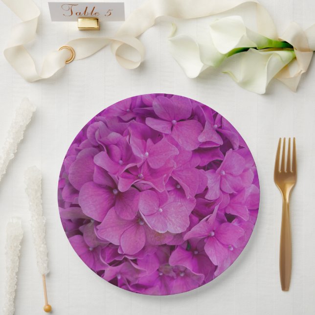 Assiettes En Carton Hydrangeas roses florales magenta rose élégantes  (Mariage)