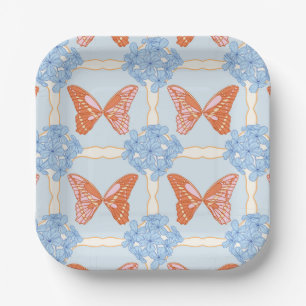 Assiettes En Carton Hydrangées bleues et papillons roses et orange