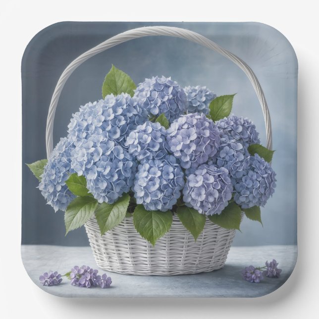 Assiettes En Carton Hydrangées Dans Le Panier D'osier (Recto)