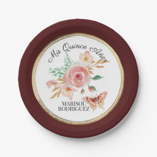 Assiettes En Carton Hydratation de Quinceanera Floral de Bourgogne ave