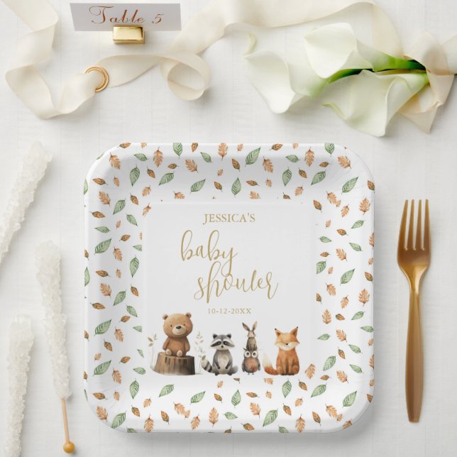 Assiettes En Carton hydrocouleur neutre baby shower animal Woodland (Mariage)