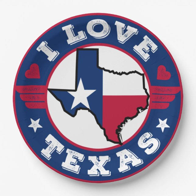 Assiettes En Carton I Love Texas State Map and Flag (Devant)