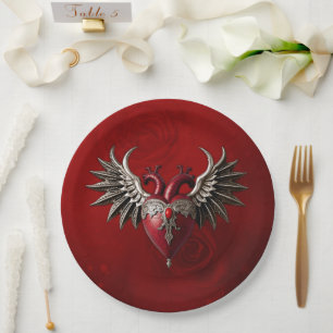 Assiettes En Carton Icône gothique romantique : coeur, rose, crâne.