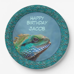 Assiettes En Carton Iguana Joyeux Anniversaire Vert, Bleu, Turquoise