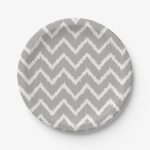 Assiettes En Carton Ikat Chevrons - gris argent et blanc