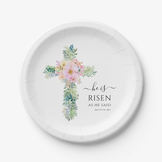 Assiettes En Carton Il est ressuscité Verdure Aquarelle Croix Pâques  (Devant)