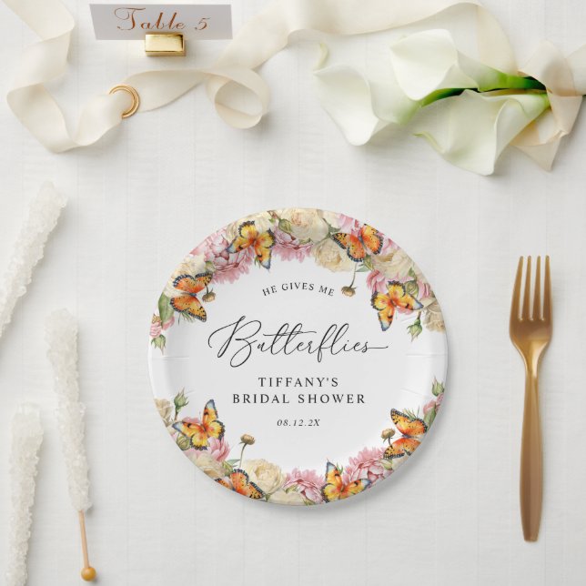 Assiettes En Carton Il Me Donne Des Papillons Fête de Mariage Pivoines (Mariage)