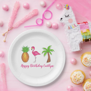 Assiettes En Carton Ile tropicale Palm Tree Ananas Flamant rose rose