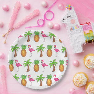 Assiettes En Carton Ile tropicale Palm Tree Ananas Flamant rose rose