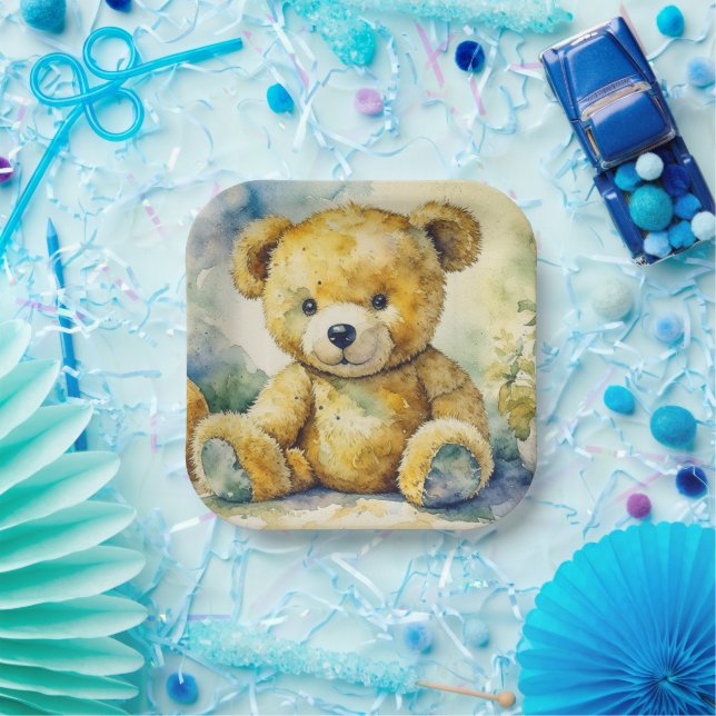 Assiettes En Carton Illustration aquarelle Baby shower Ours en peluche (Fête)