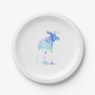 Assiettes En Carton Illustration bleue d'orignaux d'aquarelle