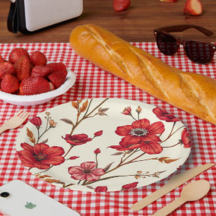 Assiettes En Carton Illustration botanique rouge vibrante