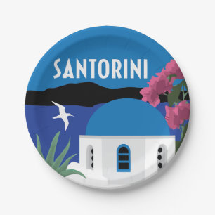 Assiettes En Carton Illustration colorée de Santorin Grèce