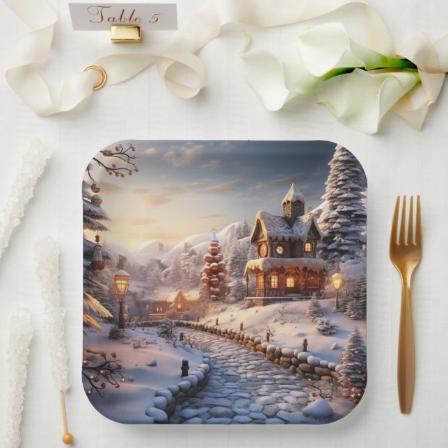Assiettes En Carton Illustration Cosy Village à Noël (Mariage)