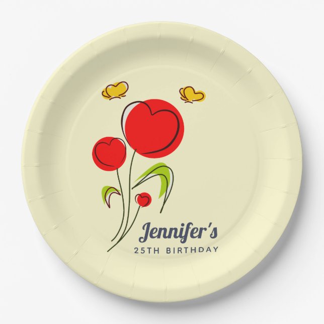 Assiettes En Carton Illustration d'anniversaire des fleurs du coeur ro (Devant)