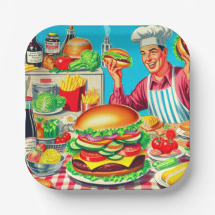 Assiettes En Carton Illustration de bande dessinée Retro Hamburger