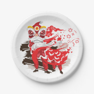 Assiettes En Carton Illustration de la danseuse du lion rouge