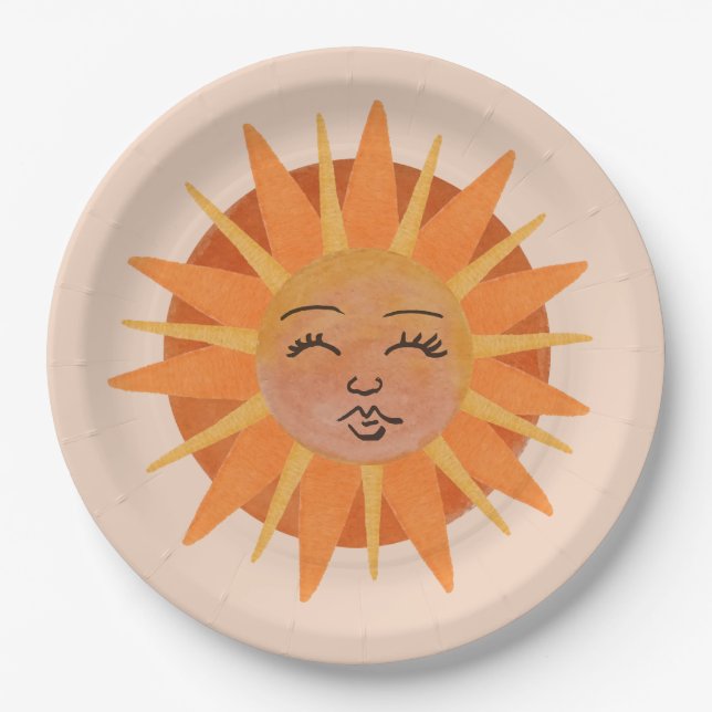 Assiettes En Carton Illustration de l'aquarelle orange Sun Face (Devant)