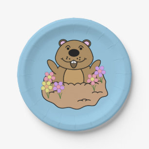 Assiettes En Carton Illustration de marmotte avec fleurs
