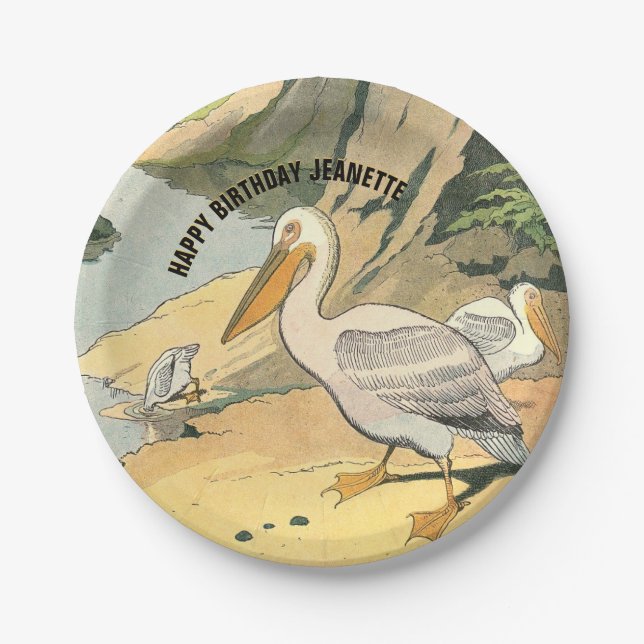 Assiettes En Carton Illustration de plage Pelican Anniversaire (Devant)