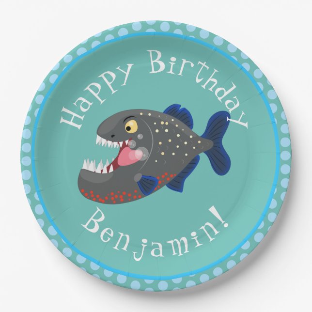 Assiettes En Carton Illustration drôle de piranha affamée (Devant)