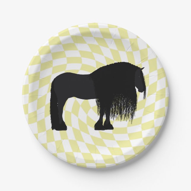 Assiettes En Carton Illustration du Cheval friésien moderne À damiers (Devant)