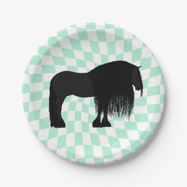 Assiettes En Carton Illustration du Cheval friésien moderne À damiers (Devant)