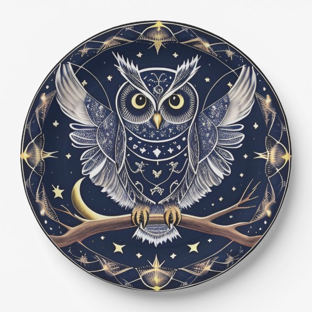 Assiettes En Carton Illustration du hibou de nuit complexe (Devant)