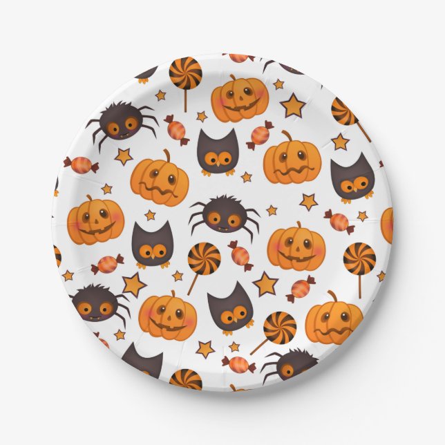 Assiettes En Carton Illustration du Motif d'Halloween mignon (Devant)